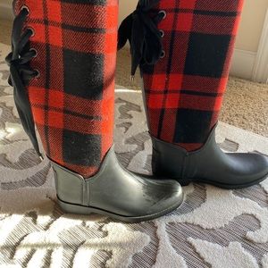 Coach Red and black plaid Tristee rain boots.